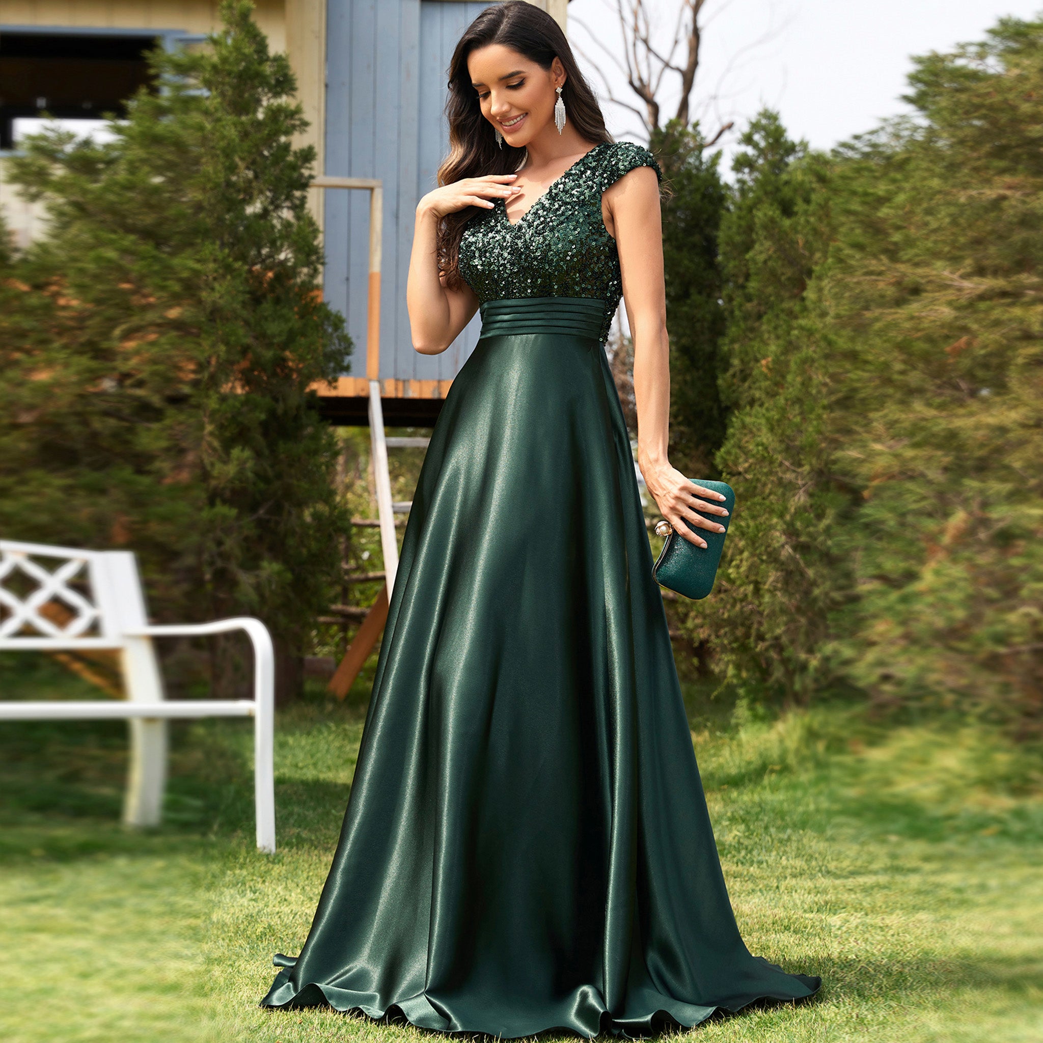 Women's Elegant Sequin Satin Prom Dress Evening Gown with Cap Sleeve Teal Blue / L Women's Elegant Sequin Satin Prom Dress Evening Gown with Cap Sleeve Teal Blue / L