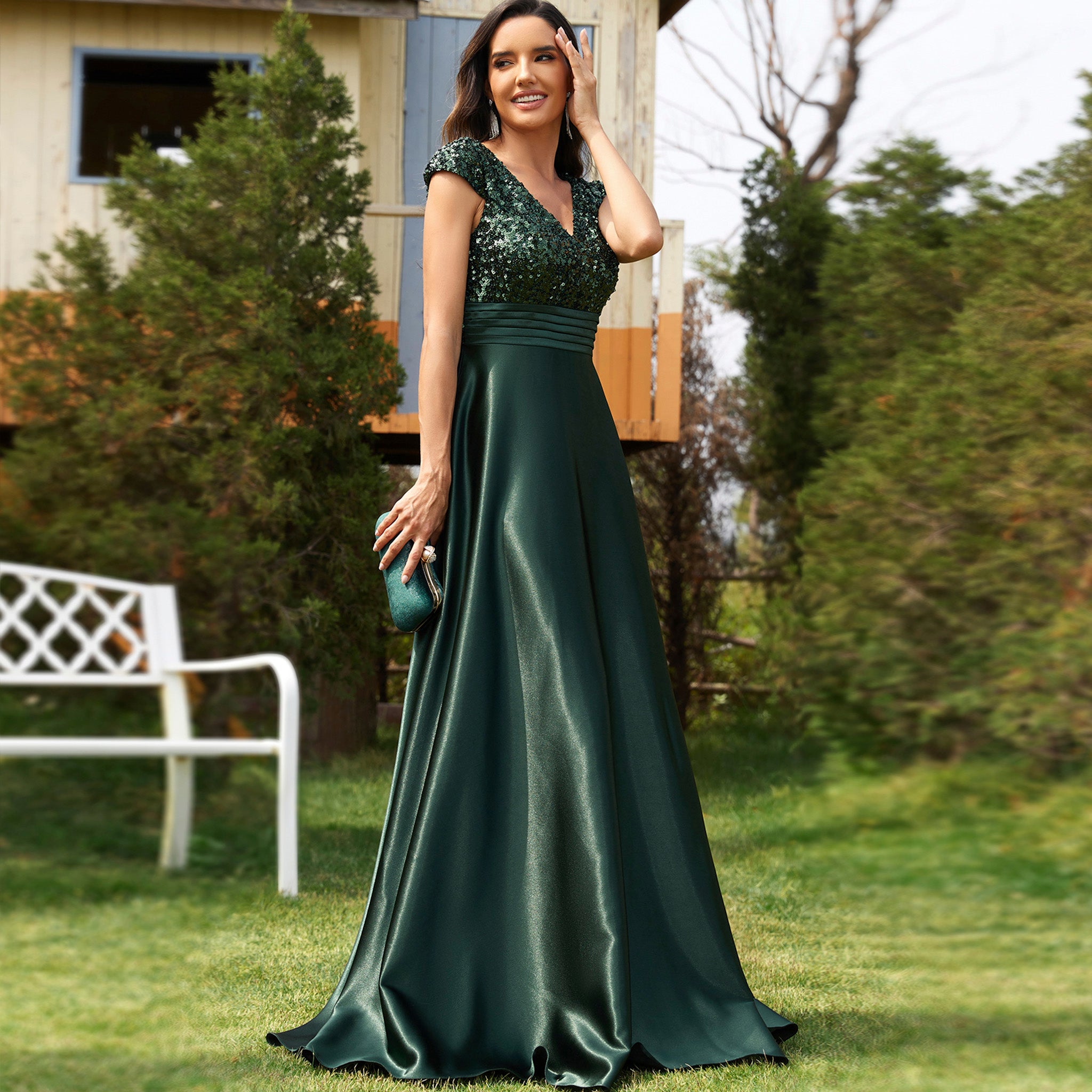 Women's Elegant Sequin Satin Prom Dress Evening Gown with Cap Sleeve Teal Blue / L Women's Elegant Sequin Satin Prom Dress Evening Gown with Cap Sleeve Teal Blue / L