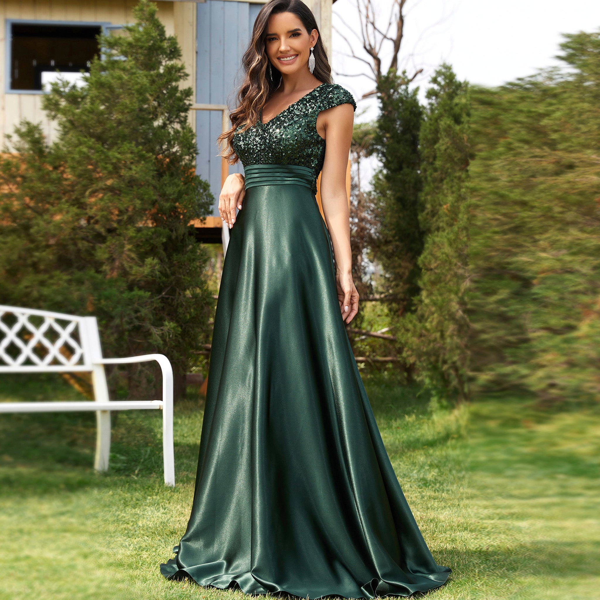 Women's Elegant Sequin Satin Prom Dress Evening Gown with Cap Sleeve Teal Blue / L Women's Elegant Sequin Satin Prom Dress Evening Gown with Cap Sleeve Teal Blue / L