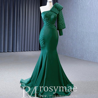 Hunter Green Mermaid Satin Formal Dress One Shoulder Prom Party Gown - Rosymae