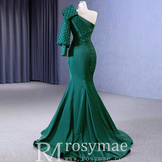 Hunter Green Mermaid Satin Formal Dress One Shoulder Prom Party Gown - Rosymae