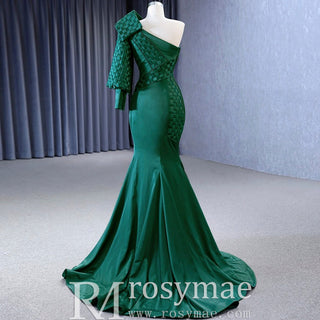 Hunter Green Mermaid Satin Formal Dress One Shoulder Prom Party Gown - Rosymae