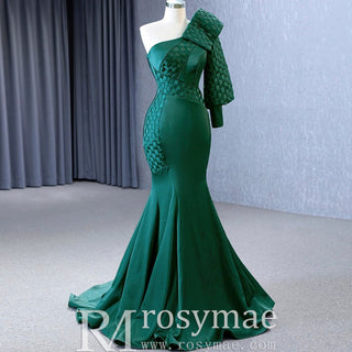 Hunter Green Mermaid Satin Formal Dress One Shoulder Prom Party Gown - Rosymae