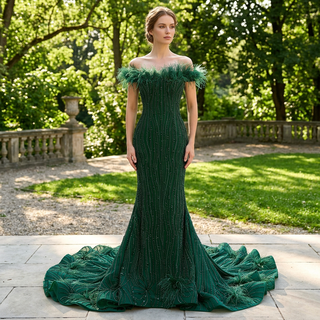 Off-Shoulder Feather Trim Pearl Beaded Mermaid Wedding Gown with Ruffled Hem