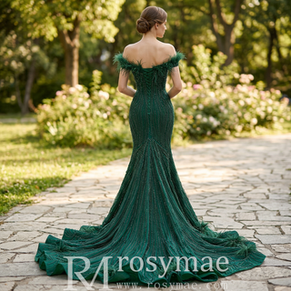 Off-Shoulder Feather Trim Pearl Beaded Mermaid Wedding Gown with Ruffled Hem