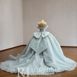 Ice Blue Off Shoulder Beaded Corset Ball Gown Quinceañera Dress with Oversized Back Bow & Train