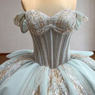 Ice Blue Off Shoulder Beaded Corset Ball Gown Quinceañera Dress with Oversized Back Bow & Train