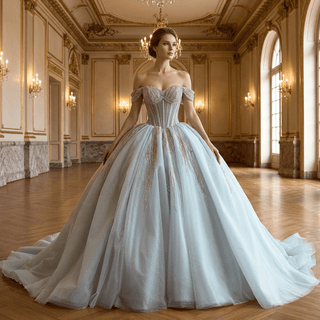 Ice Blue Off Shoulder Beaded Corset Ball Gown Quinceañera Dress with Oversized Back Bow & Train