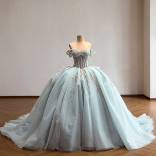 Ice Blue Off Shoulder Beaded Corset Ball Gown Quinceañera Dress with Oversized Back Bow & Train