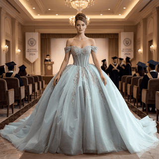 Ice Blue Off Shoulder Beaded Corset Ball Gown Quinceañera Dress with Oversized Back Bow & Train