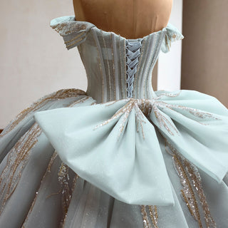 Ice Blue Off Shoulder Beaded Corset Ball Gown Quinceañera Dress with Oversized Back Bow & Train