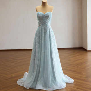 Ice Blue Strapless Sweetheart Beaded A-Line Evening Gown with Radiating Pearl Detail & Beaded Fringe
