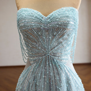Ice Blue Strapless Sweetheart Beaded A-Line Evening Gown with Radiating Pearl Detail & Beaded Fringe