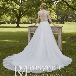 Illusion Back A-line Wedding Dress with Heavy Beading - Rosymae