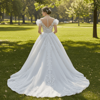Illusion Lace Applique Bridal Gown Sheer Bodice Wedding Dress - Rosymae