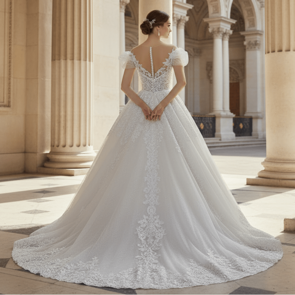 Illusion Lace Applique Bridal Gown Sheer Bodice Wedding Dress - Rosymae