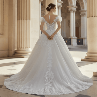 Illusion Lace Applique Bridal Gown Sheer Bodice Wedding Dress - Rosymae