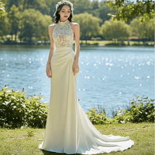 Illusion Lace Halter Neck Bridal Gown Sheath Bride Wedding Dress White / 10