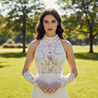 Illusion Lace Halter Neck Bridal Gown Sheath Bride Wedding Dress - Rosymae
