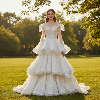 Cap Illusion Sheer Long Sleeves Wedding Dresses with Multi Layer