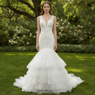 Illusion Trumpet V Neck Wedding Dress with Tank Straps - Rosymae