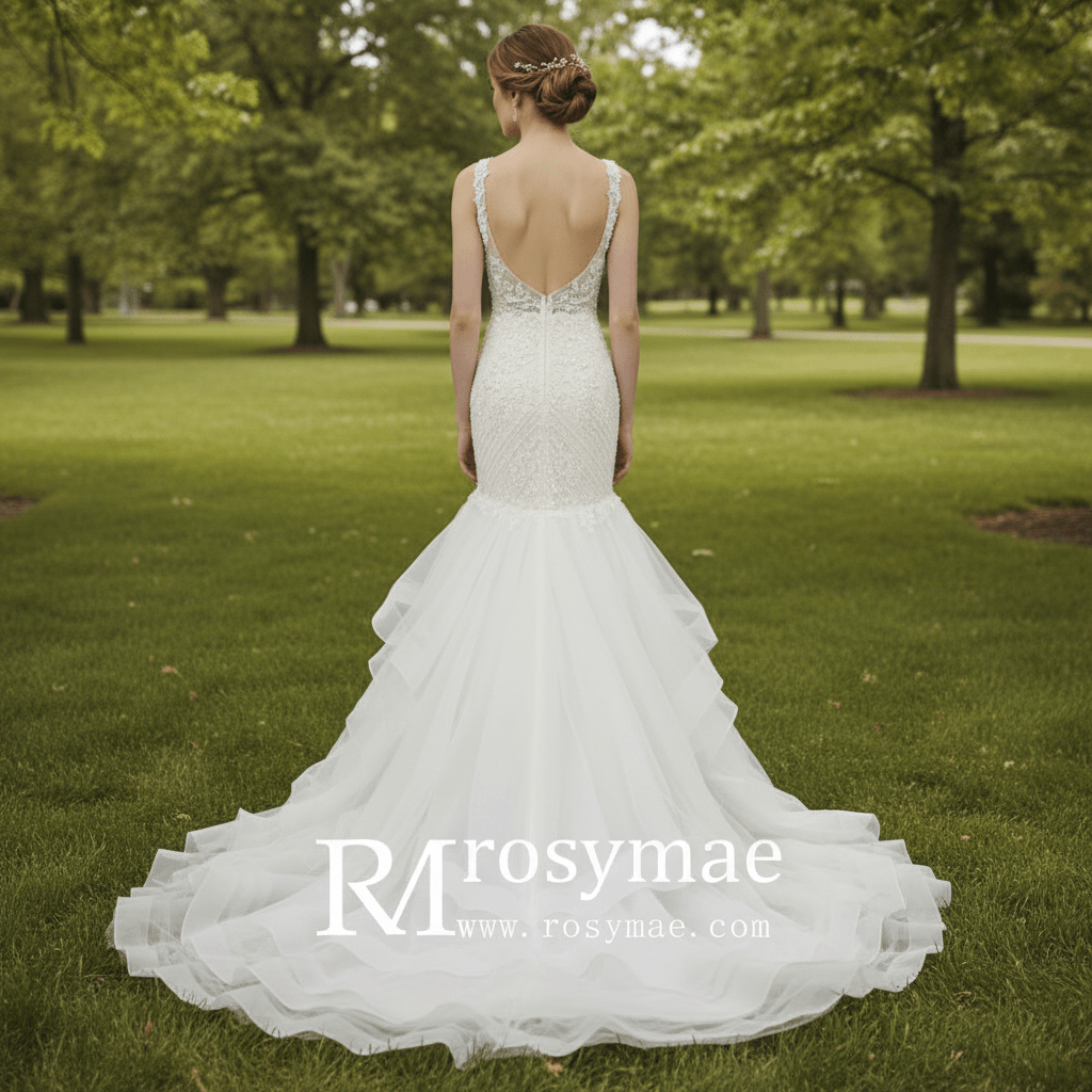 Illusion Trumpet V Neck Wedding Dress with Tank Straps - Rosymae