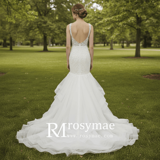 Illusion Trumpet V Neck Wedding Dress with Tank Straps - Rosymae