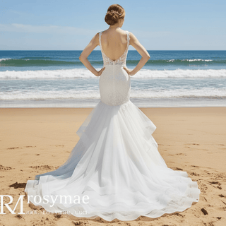 Illusion Trumpet V Neck Wedding Dress with Tank Straps - Rosymae