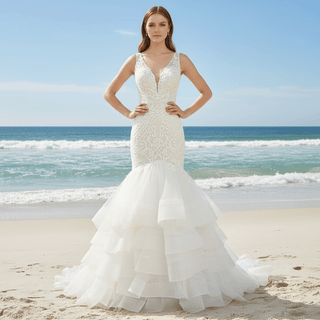 Illusion Trumpet V Neck Wedding Dress with Tank Straps - Rosymae