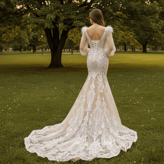 Illustion Neck Puffy Sleeved Mermaid Wedding Dress With Feather - Rosymae