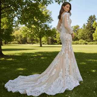 Illustion Neck Puffy Sleeved Mermaid Wedding Dress With Feather - Rosymae