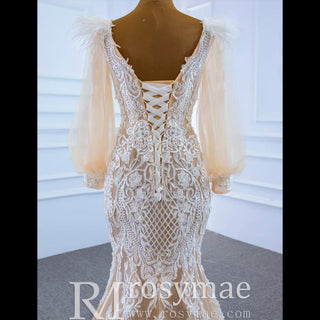 Illustion Neck Puffy Sleeved Mermaid Wedding Dress With Feather - Rosymae