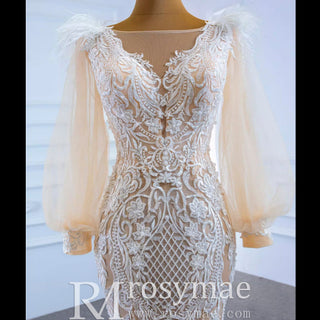 Illustion Neck Puffy Sleeved Mermaid Wedding Dress With Feather - Rosymae