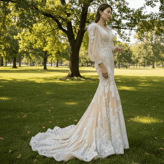 Illustion Neck Puffy Sleeved Mermaid Wedding Dress With Feather - Rosymae