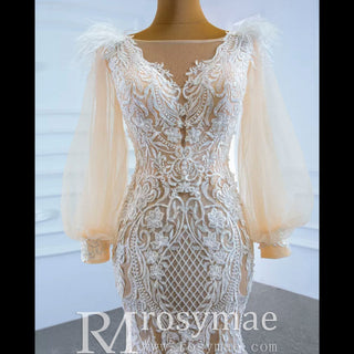 Illustion Neck Puffy Sleeved Mermaid Wedding Dress With Feather - Rosymae