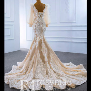 Illustion Neck Puffy Sleeved Mermaid Wedding Dress With Feather - Rosymae