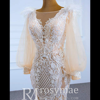 Illustion Neck Puffy Sleeved Mermaid Wedding Dress With Feather - Rosymae