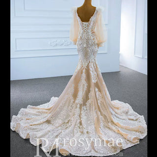 Illustion Neck Puffy Sleeved Mermaid Wedding Dress With Feather - Rosymae