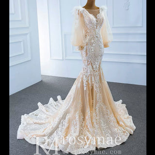 Illustion Neck Puffy Sleeved Mermaid Wedding Dress With Feather - Rosymae