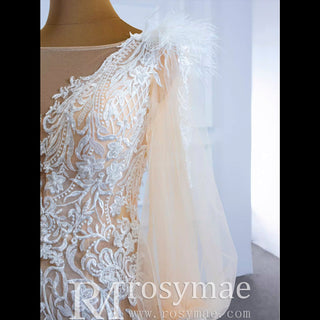 Illustion Neck Puffy Sleeved Mermaid Wedding Dress With Feather - Rosymae