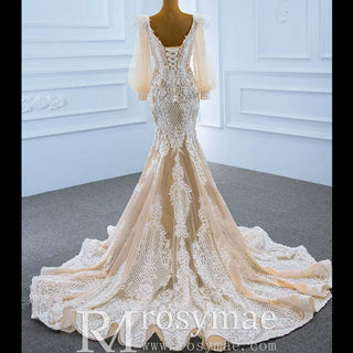 Illustion Neck Puffy Sleeved Mermaid Wedding Dress With Feather - Rosymae