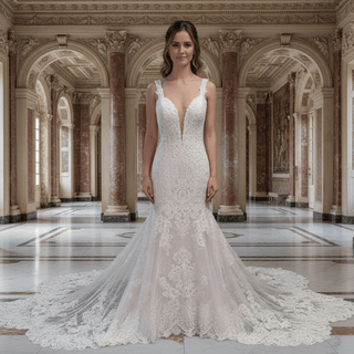 Incredible Plunging V-neck Low Back Lace Trumpet Wedding Dress - Rosymae