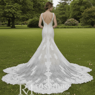 Incredible Plunging V-neck Low Back Lace Trumpet Wedding Dress - Rosymae