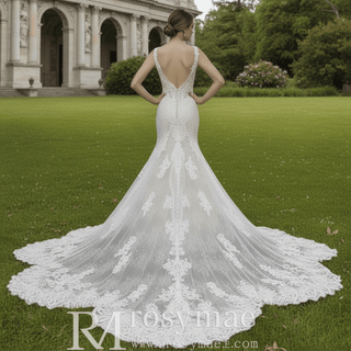 Incredible Plunging V-neck Low Back Lace Trumpet Wedding Dress - Rosymae