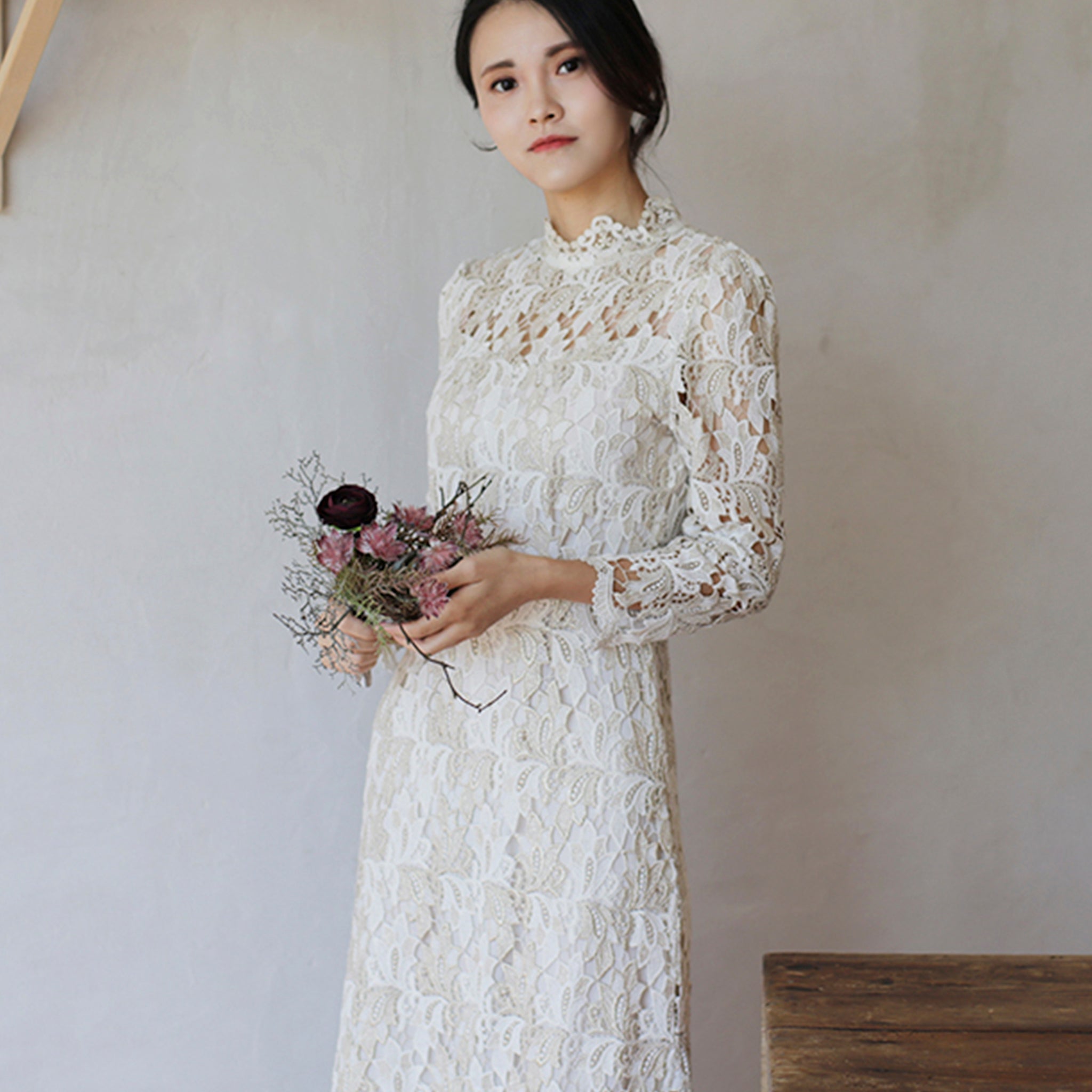 Intricate Lace Midi Length Long Sleeve Wedding Dress with Mock Neckline - Rosymae