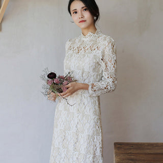 Intricate Lace Midi Length Long Sleeve Wedding Dress with Mock Neckline - Rosymae