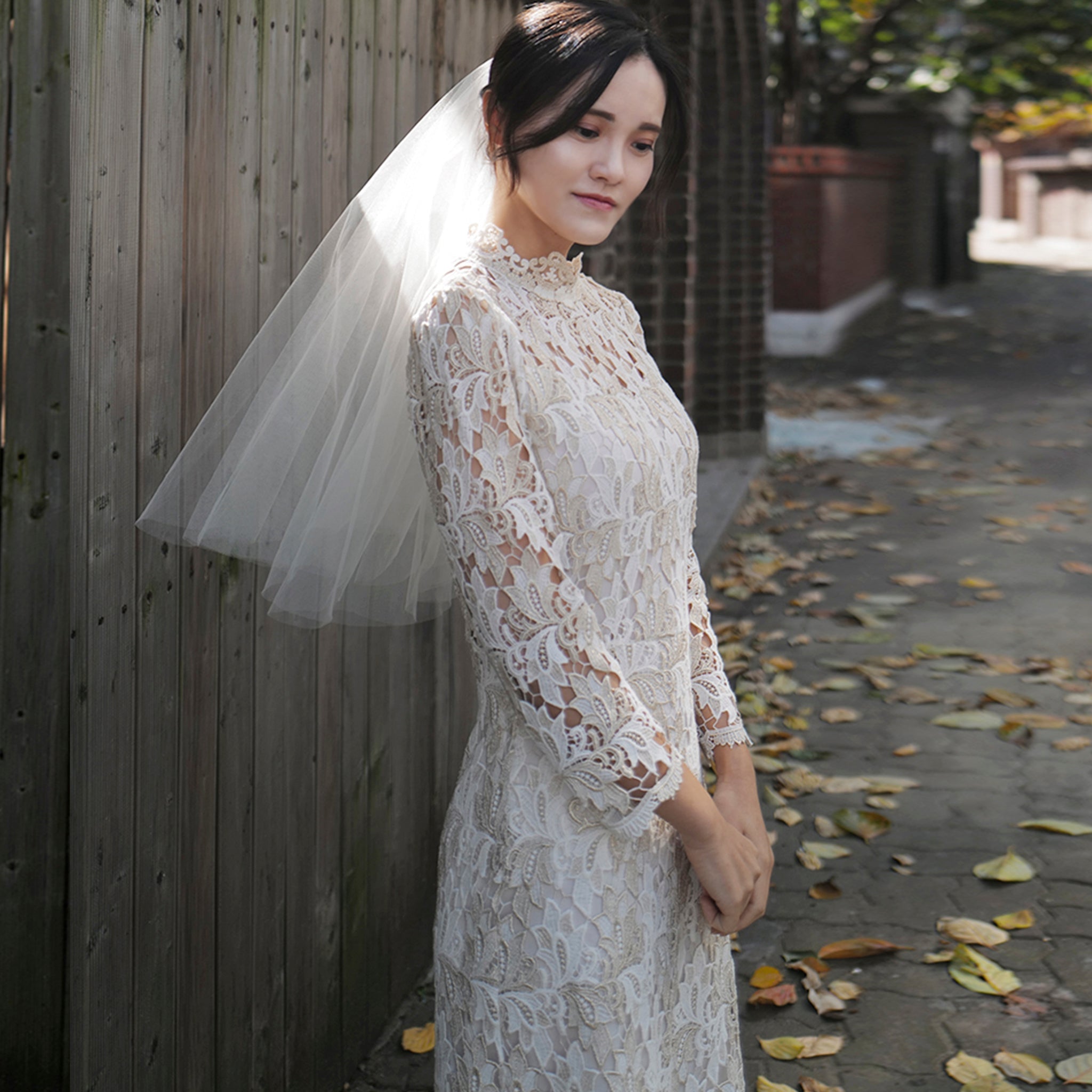 Intricate Lace Midi Length Long Sleeve Wedding Dress with Mock Neckline - Rosymae