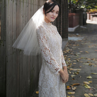 Intricate Lace Midi Length Long Sleeve Wedding Dress with Mock Neckline - Rosymae
