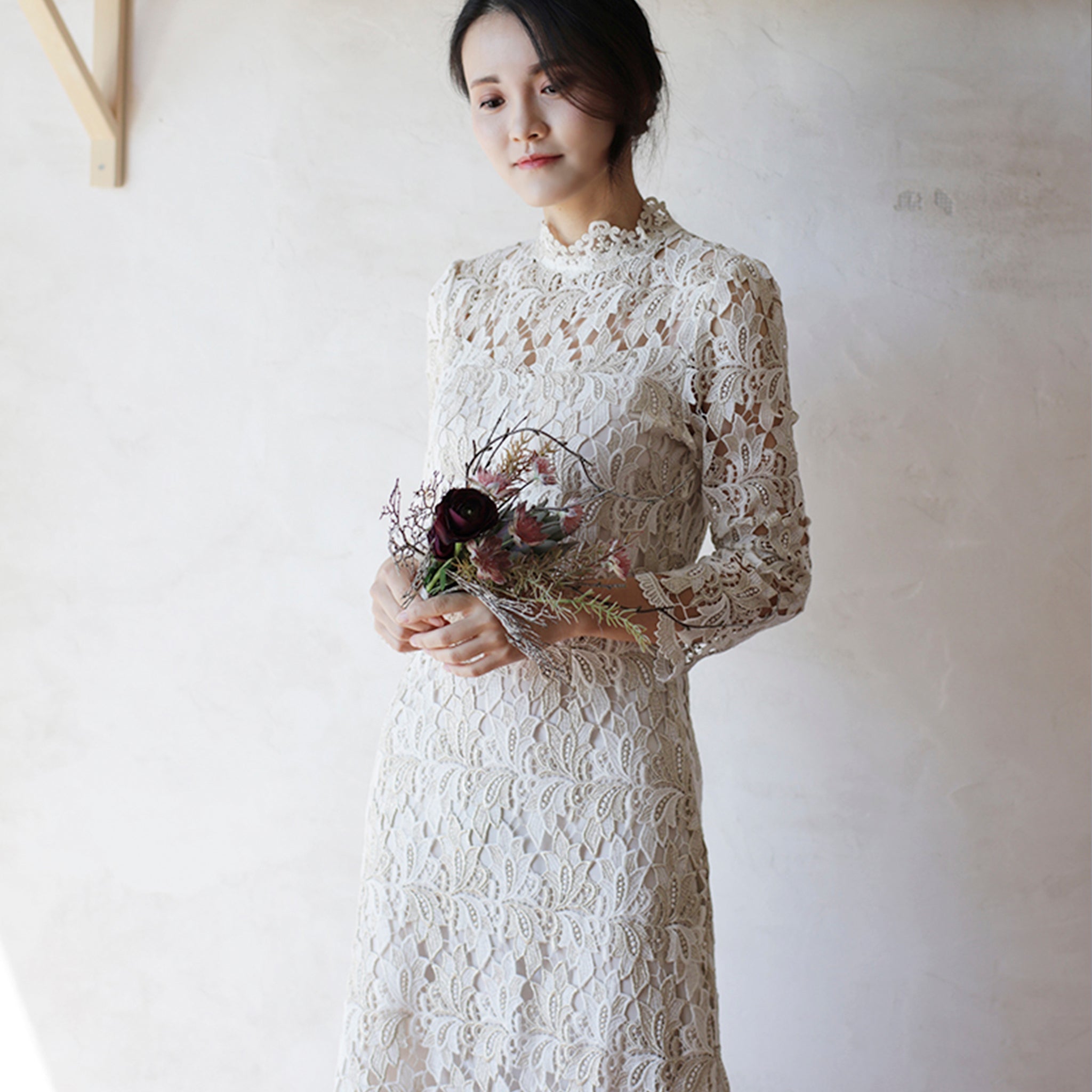 Intricate Lace Midi Length Long Sleeve Wedding Dress with Mock Neckline - Rosymae