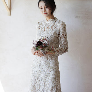 Intricate Lace Midi Length Long Sleeve Wedding Dress with Mock Neckline - Rosymae